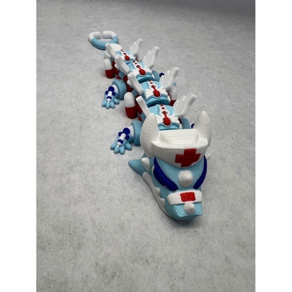 3D Printed Articulated Nurse Dragon Fidget Toy Blue White Red Medical Theme 8"